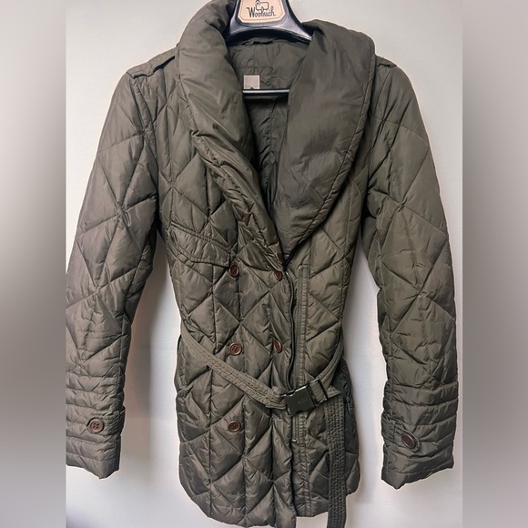 Add Down Puffer green khaki belted Coat size small - Picture 6 of 10